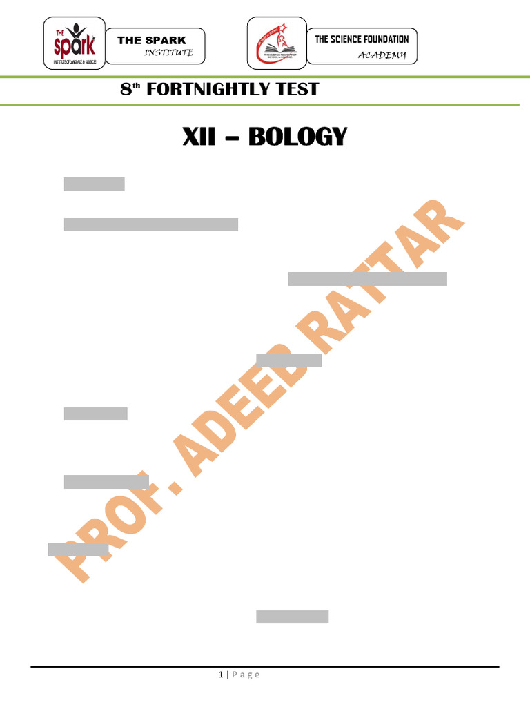 XII Biology Adeeb Rattar Key Coaching 2021 | PDF | Fertilisation | Seed