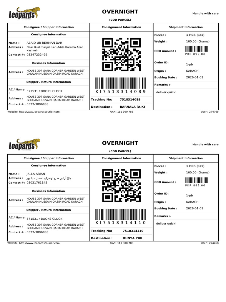 Overnight COD Parcel Shipment Details | PDF | Pakistan