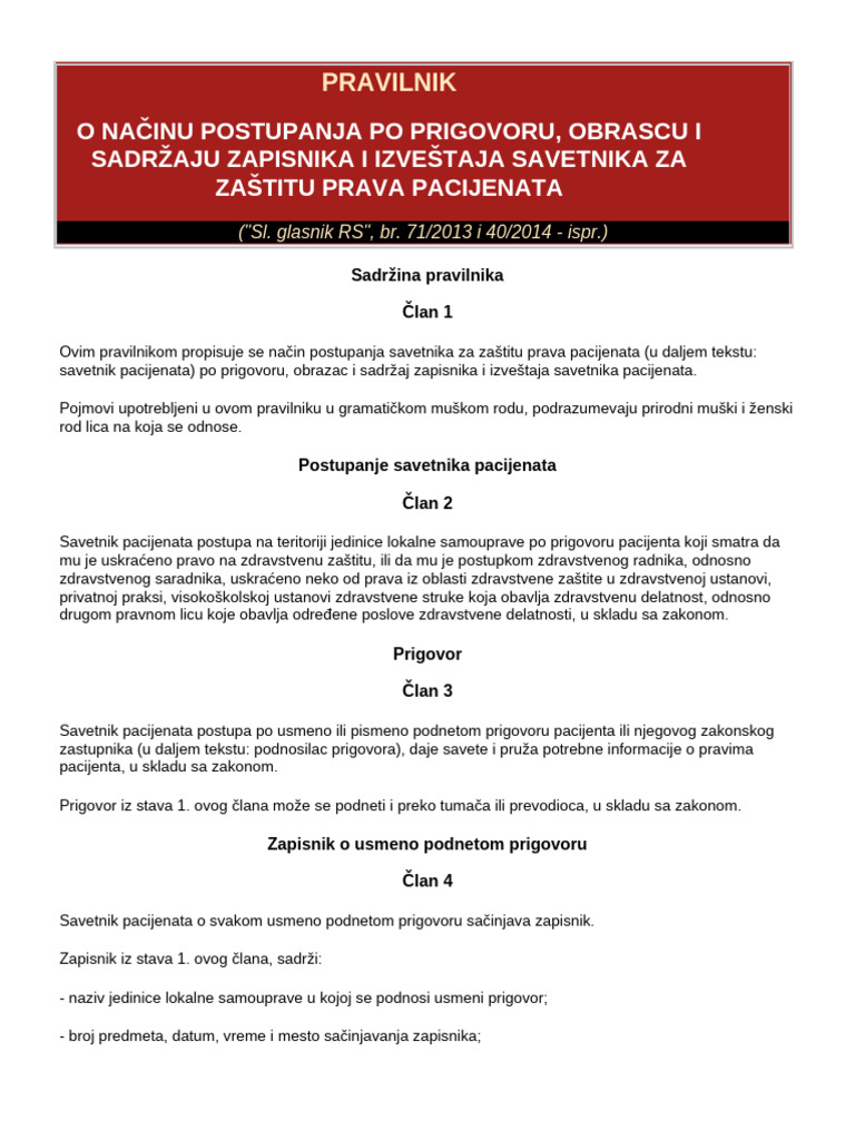 653 - Pravilnik o Nacinu Postupanja Po Prigovoru | PDF