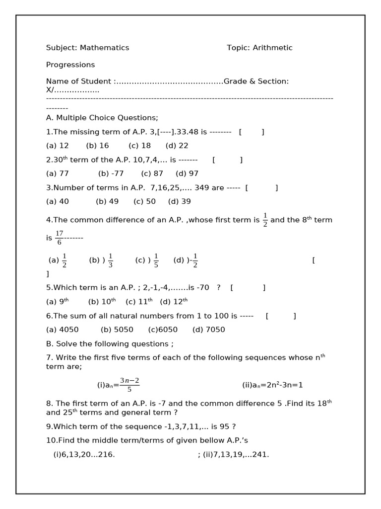 Arithmetic Progressions Practice Questions | PDF | Sequence ...