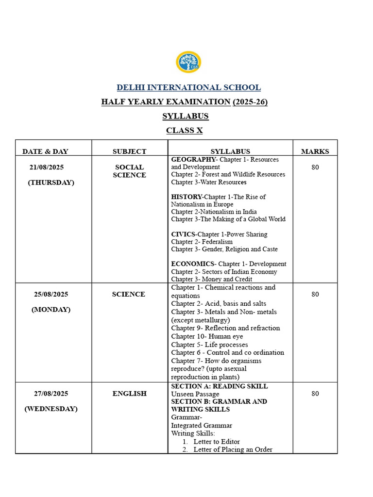 CLASS X Half Yearly Syllabus 2025 - 26 (1) - 7020 | PDF