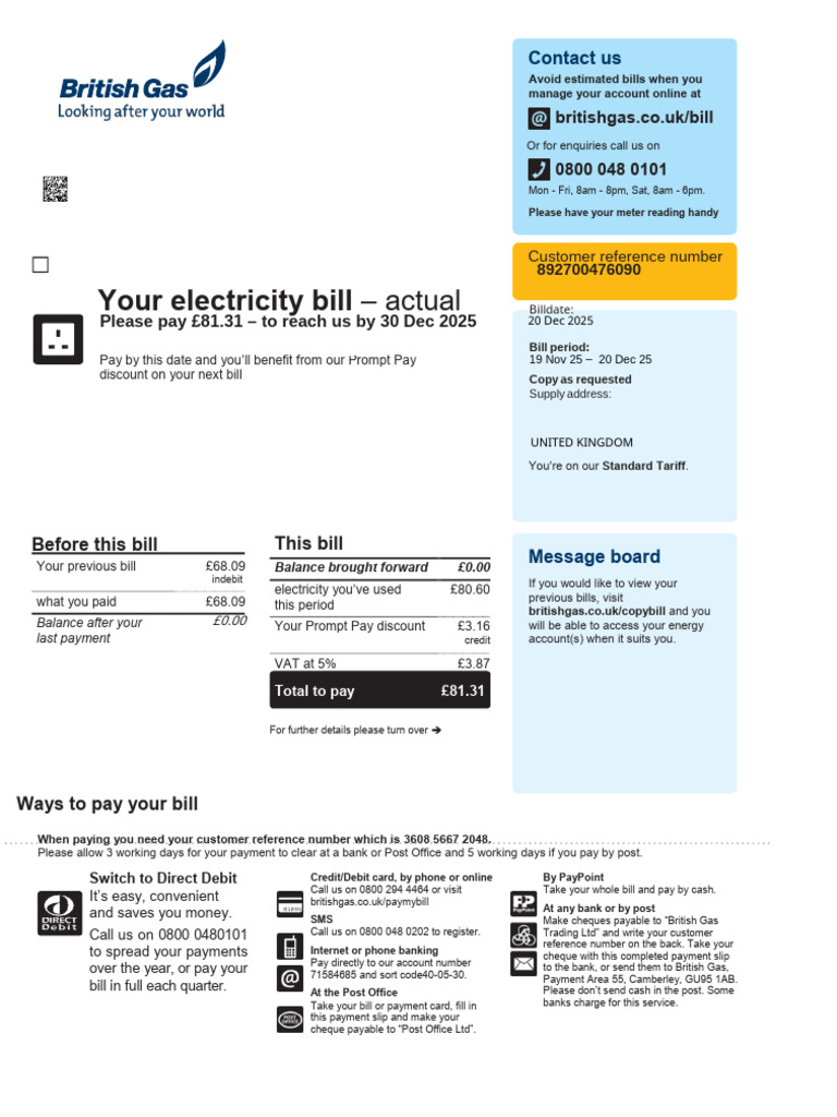 British Gas Electricity Bill Details PDF Payments Cheque