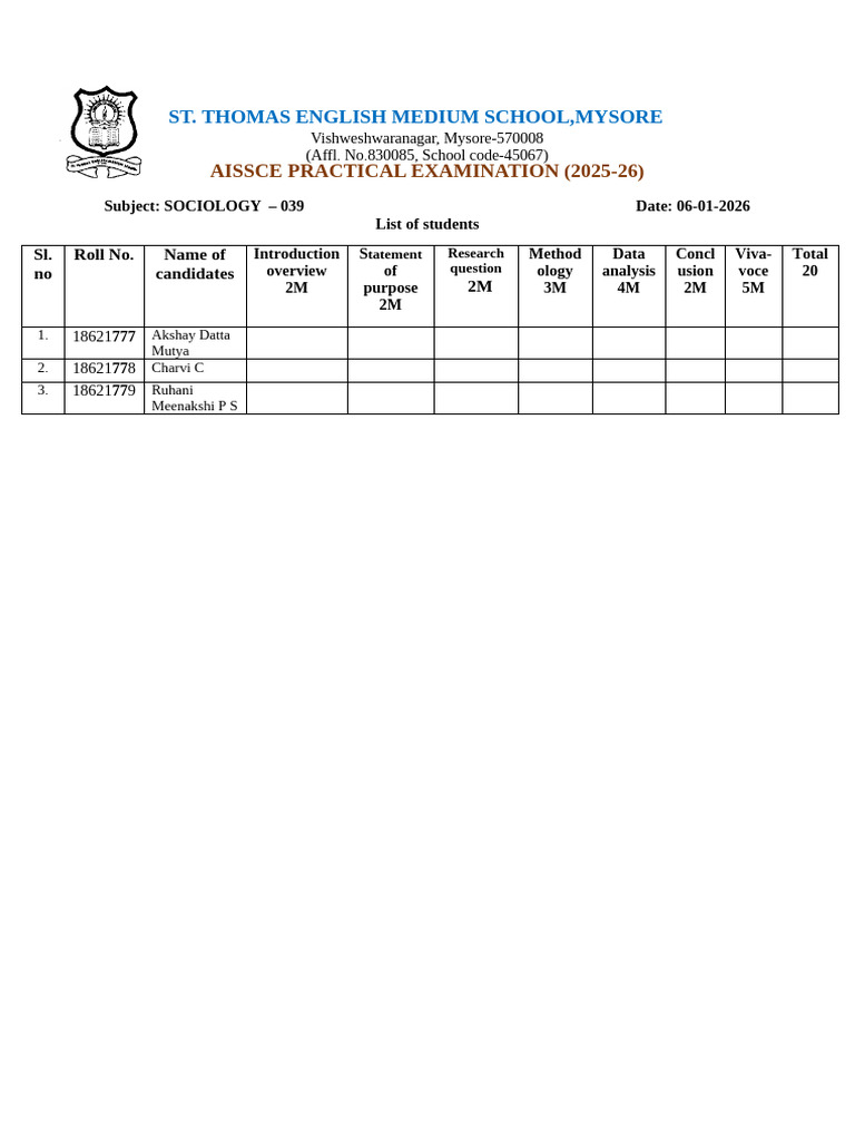 AISSCE Sociology Practical Exam 2026 | PDF