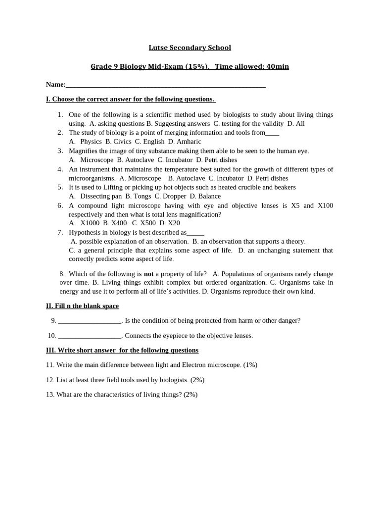 Biology 9. Mid 15% - 035254 | PDF