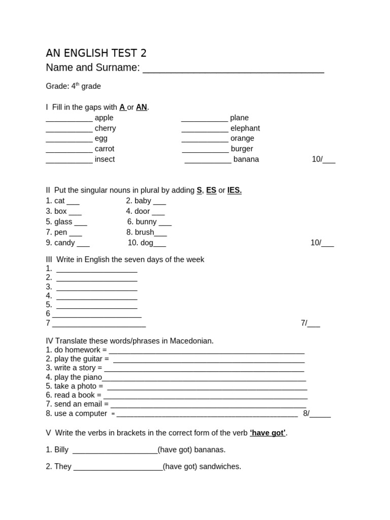 4th Grade English Test Template | PDF | Grammar | Syntax