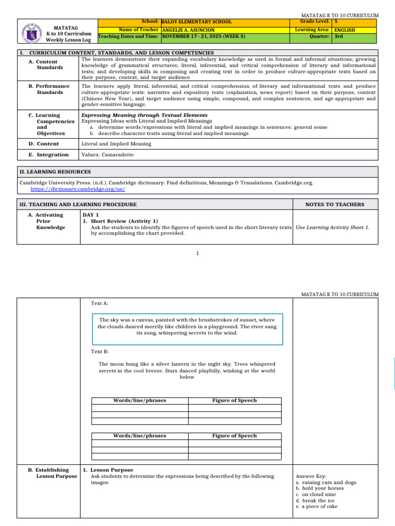 DLL Matatag - English 5 q3 w3 | PDF | Reading Comprehension | Learning