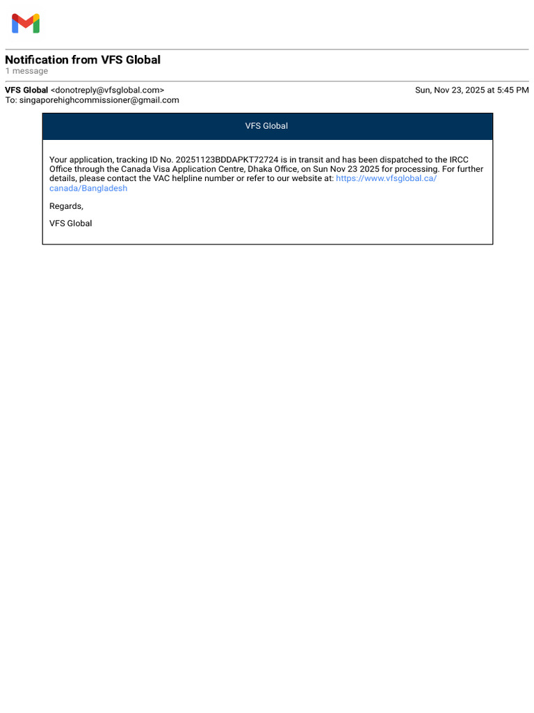 VFS Global Application Dispatch Notification | PDF