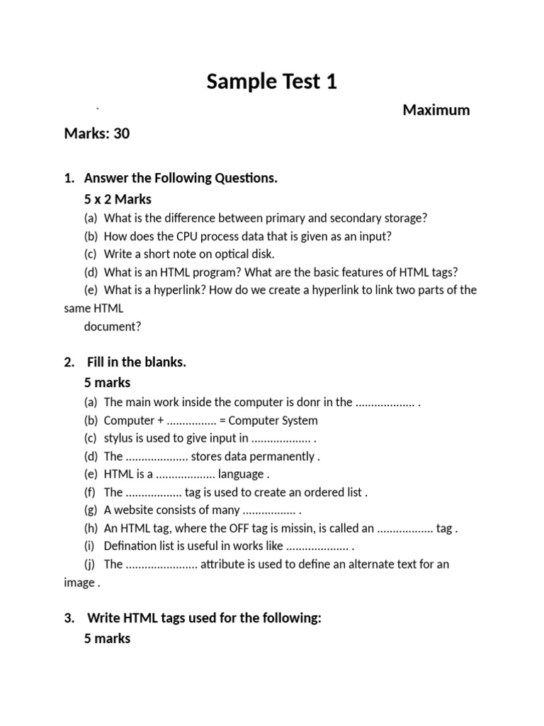 Sample Test 1: Maximum Marks: 30 | PDF