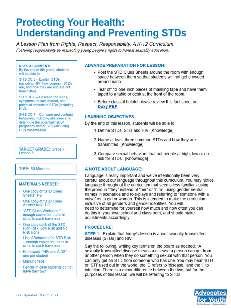 STD Prevention Lesson Plan for Grades 7 | PDF | Sexually Transmitted ...
