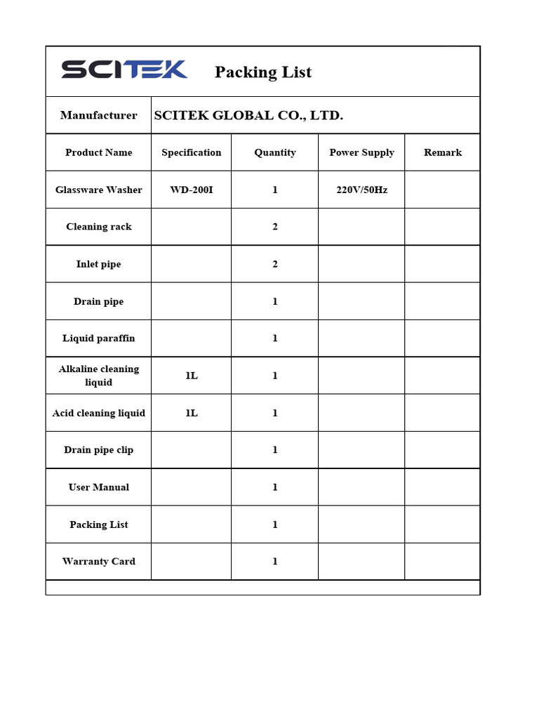 Glassware Washer WD-200I Packing List | PDF