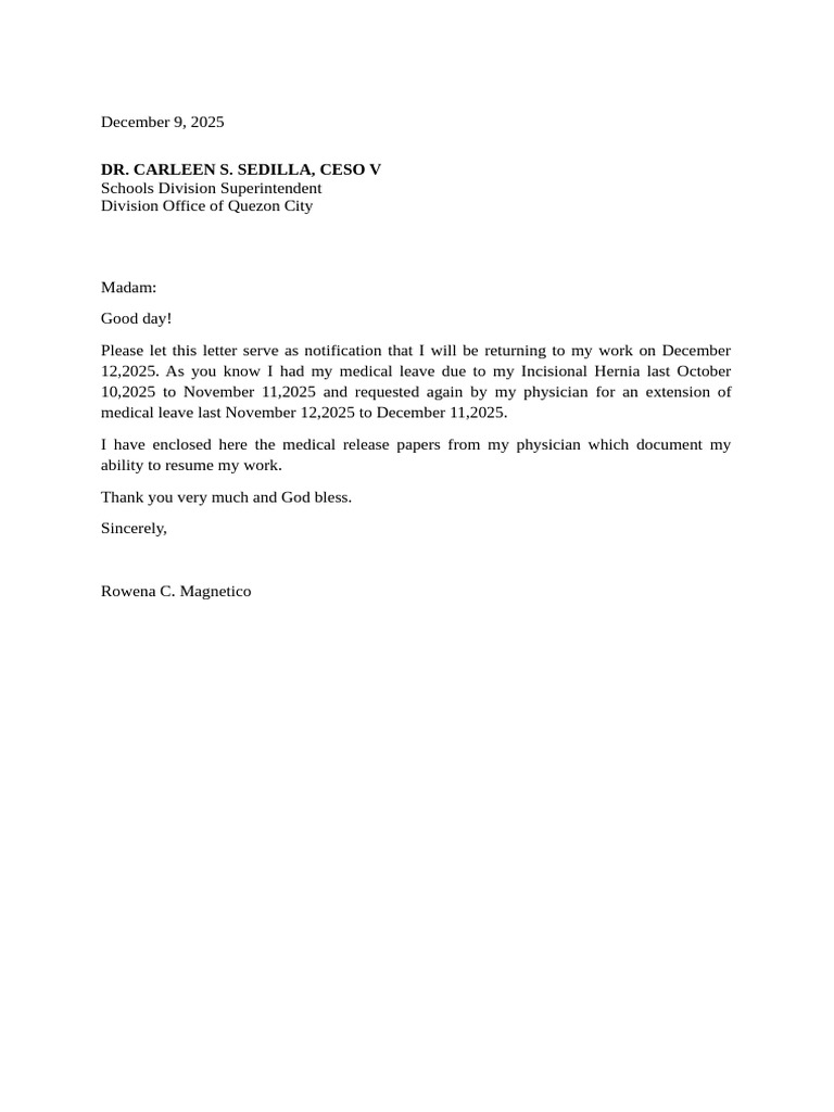 Medical Leave Notification Letter | PDF