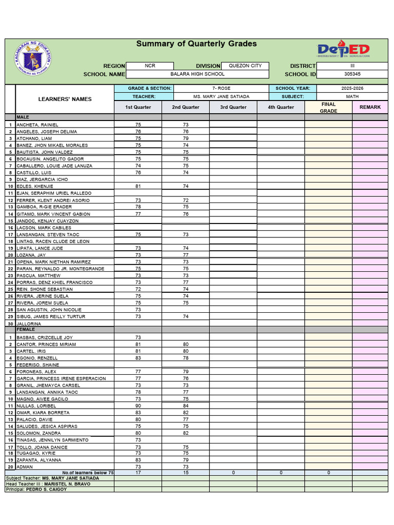 Balara High School Math Grades Summary | PDF