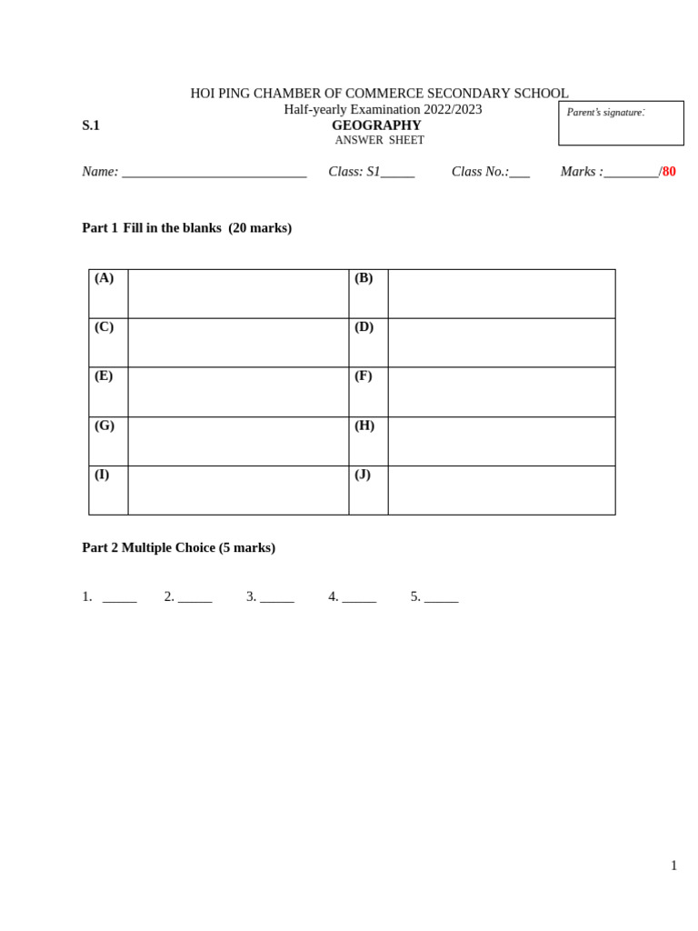 S1 Geography Exam Answer Sheet 2022 | PDF