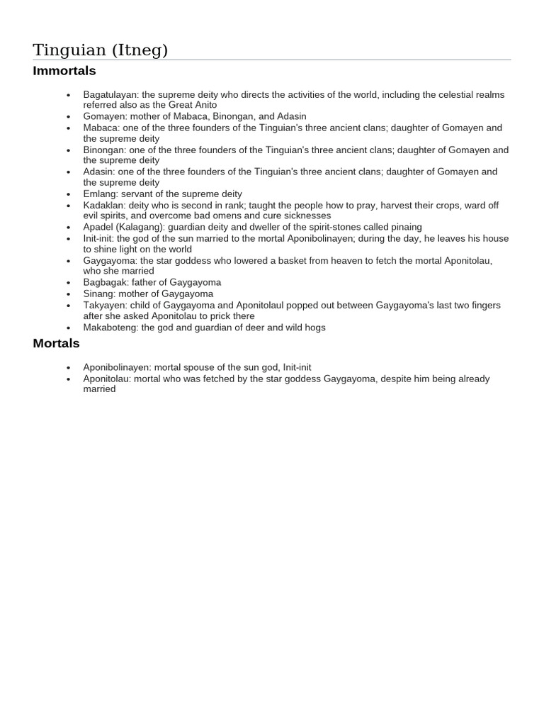 Tinguian Immortals and Mortals Overview | PDF