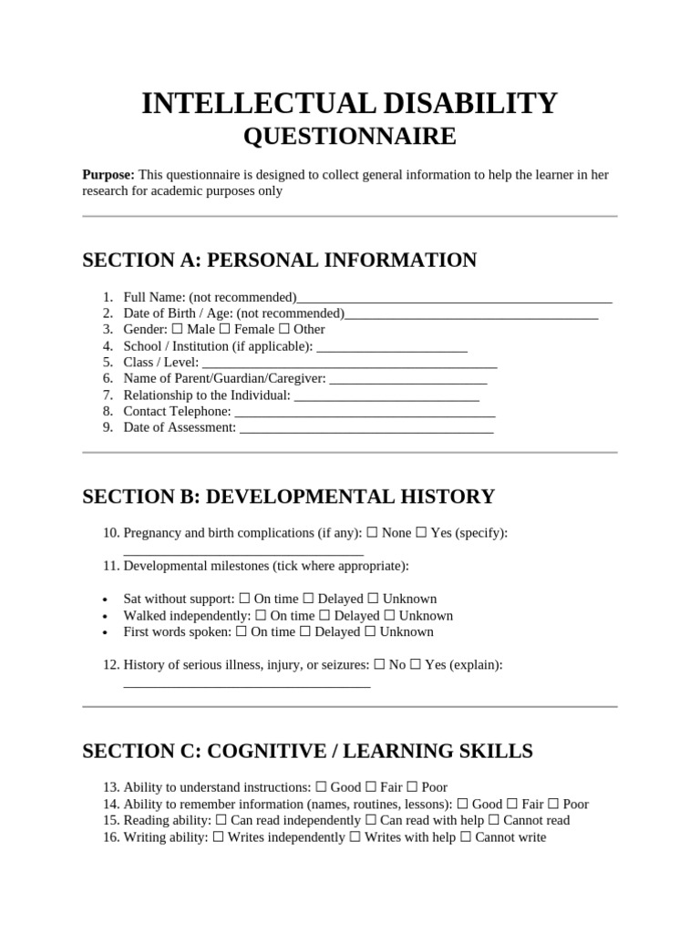 Intellectual Disability Assessment Form | PDF | Intellectual Disability ...