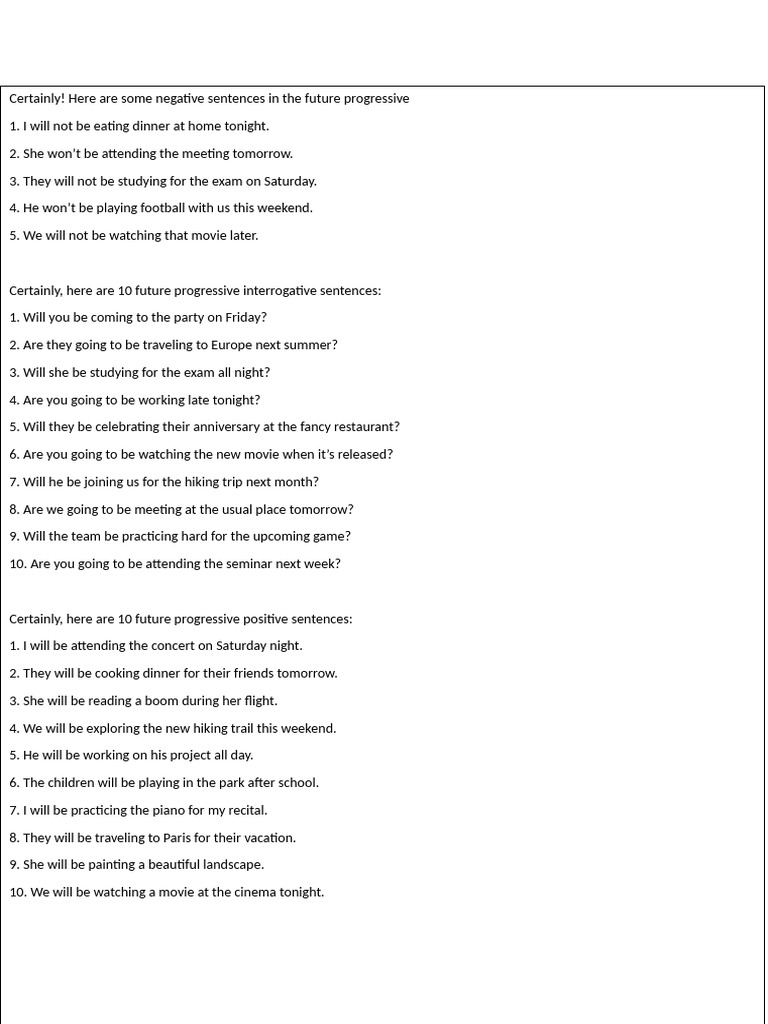 Future Progressive Sentence Examples | PDF