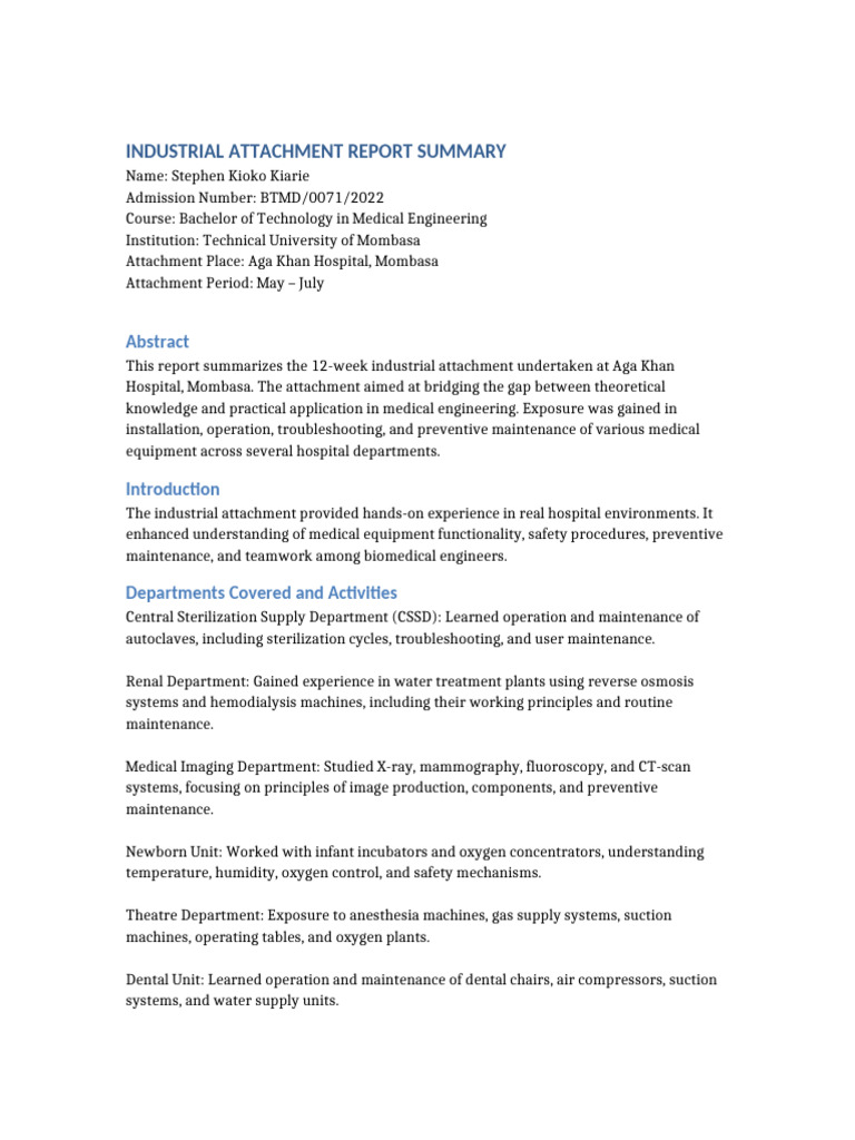 Industrial Attachment Report: Medical Engineering | PDF