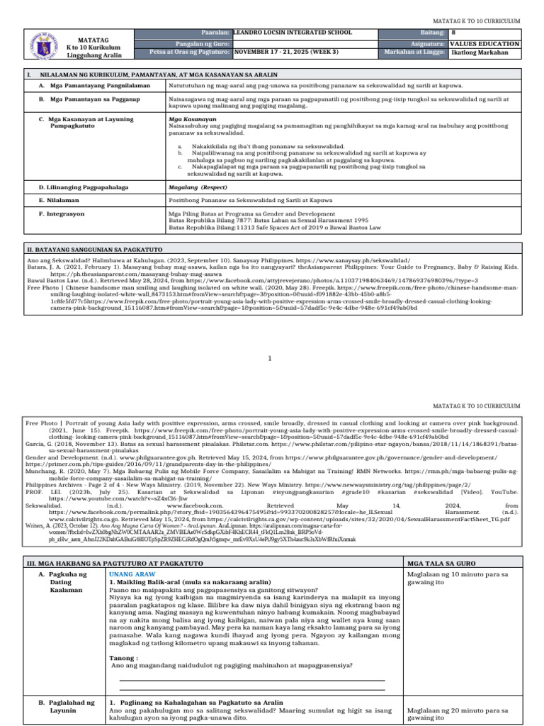 DLL Matatag - Ve 8 Q3 W3 | PDF