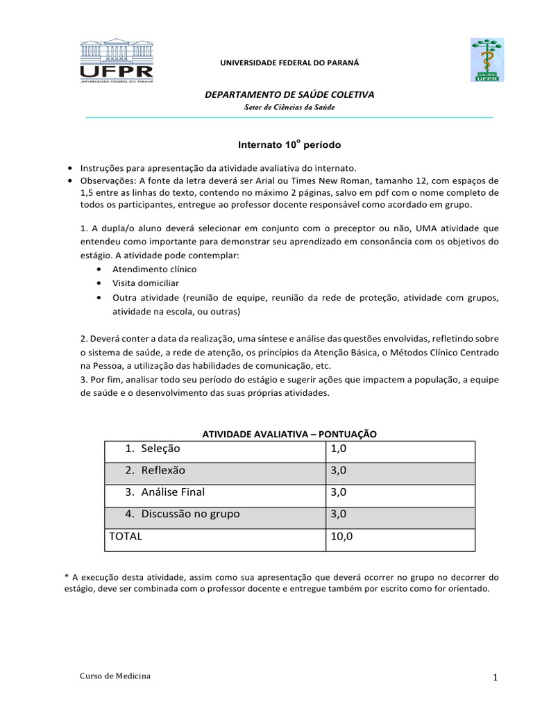 Instruções para Atividade do Internato em Medicina | PDF