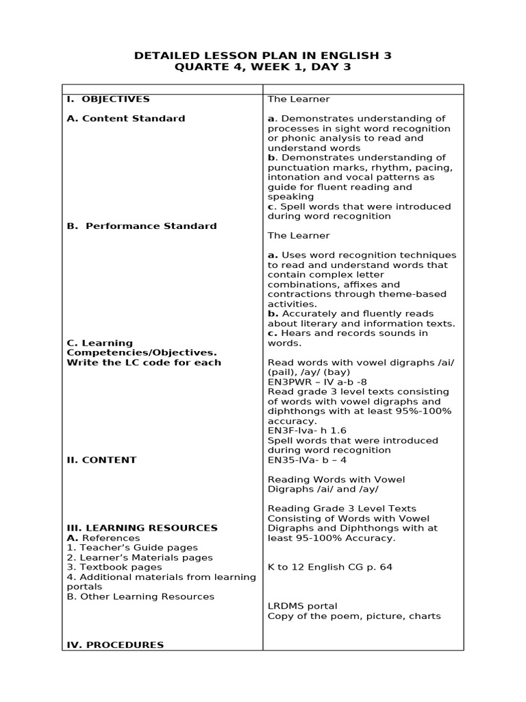 Detailed English Lesson Plan for Grade 3 | PDF | Learning | Human ...