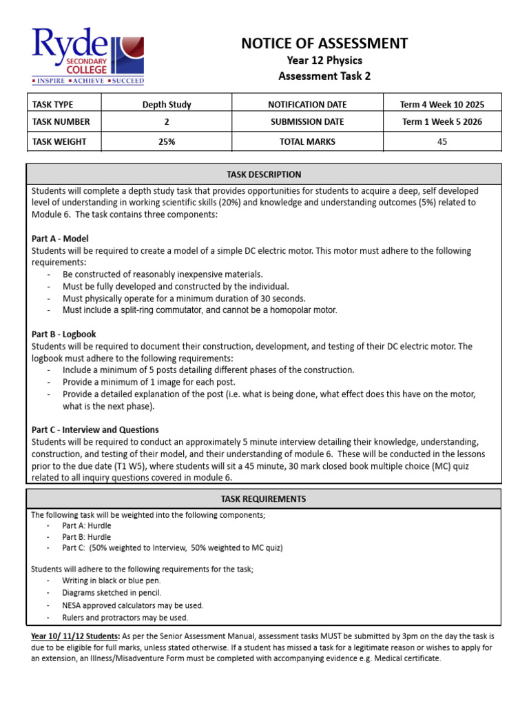 Year 12 Physics Depth Study Assessment | PDF | Information | Knowledge