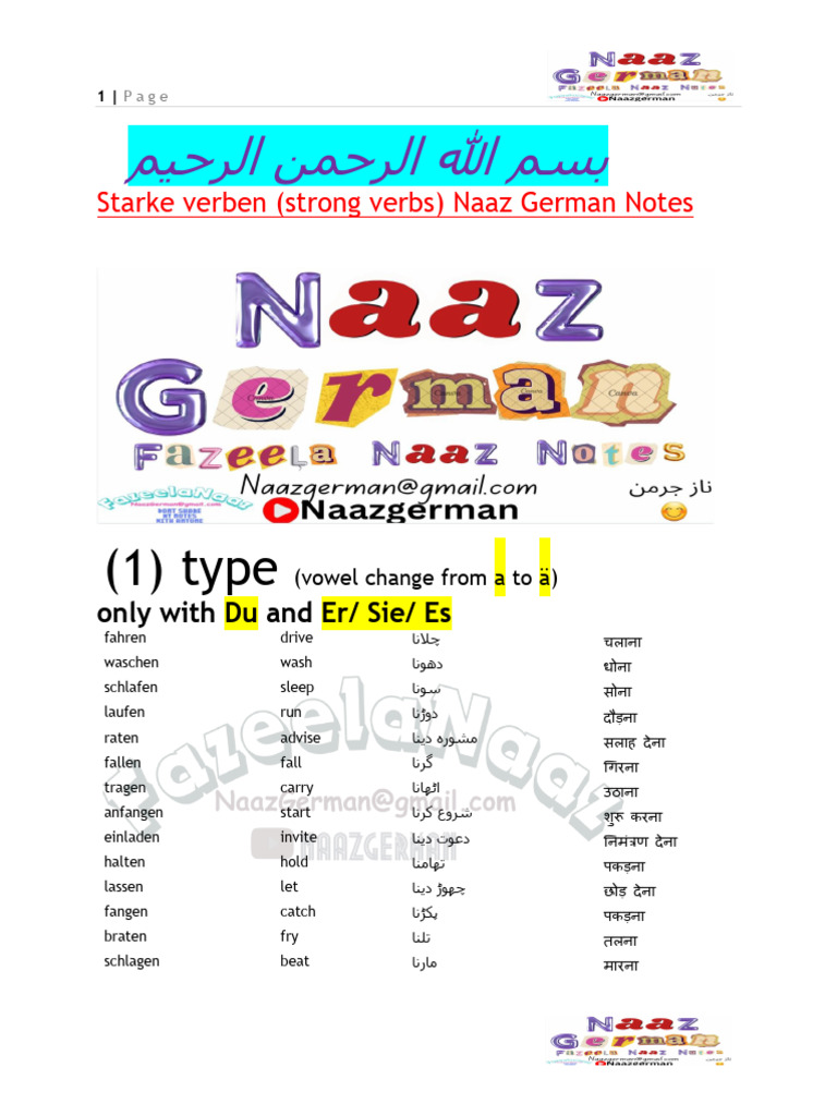 Starke Verben (Strong Verbs) Naaz German Notes | PDF
