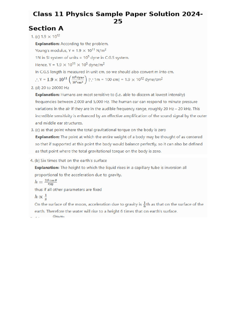 Class 11 Physics Sample Paper Solution 2024-25 Section A | PDF