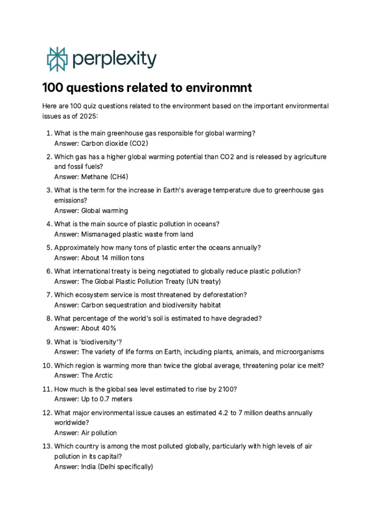 100 Environmental Quiz Questions | PDF | Greenhouse Gas | Climate Change