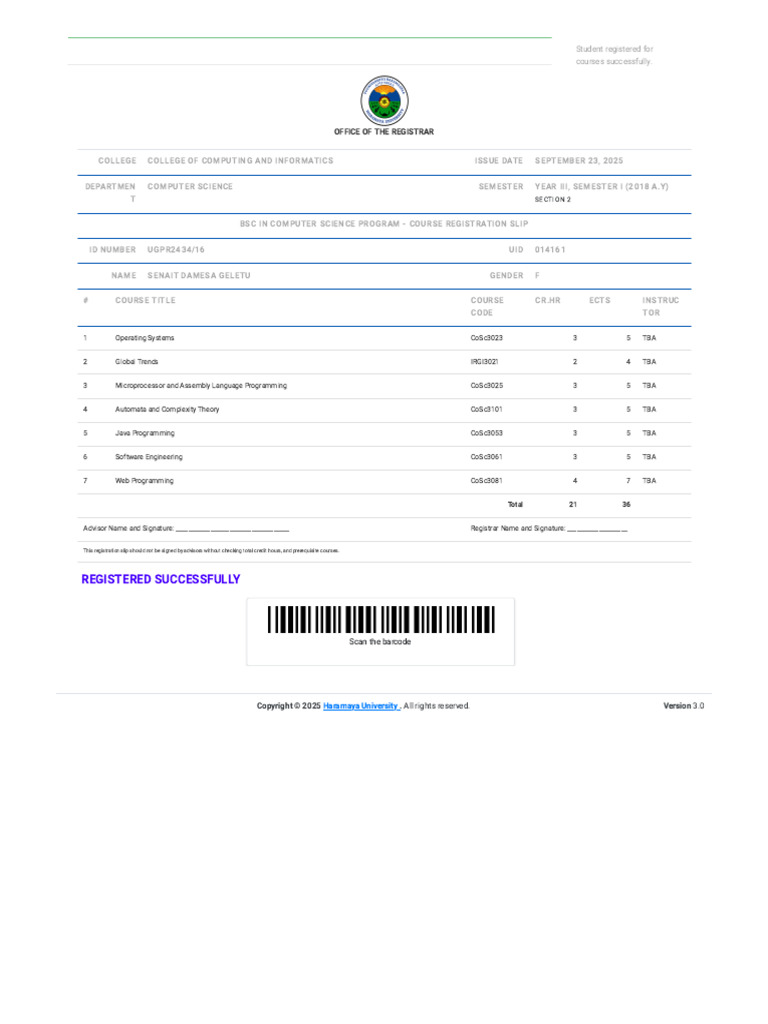 BSC Computer Science Course Registration Slip | PDF | Information ...