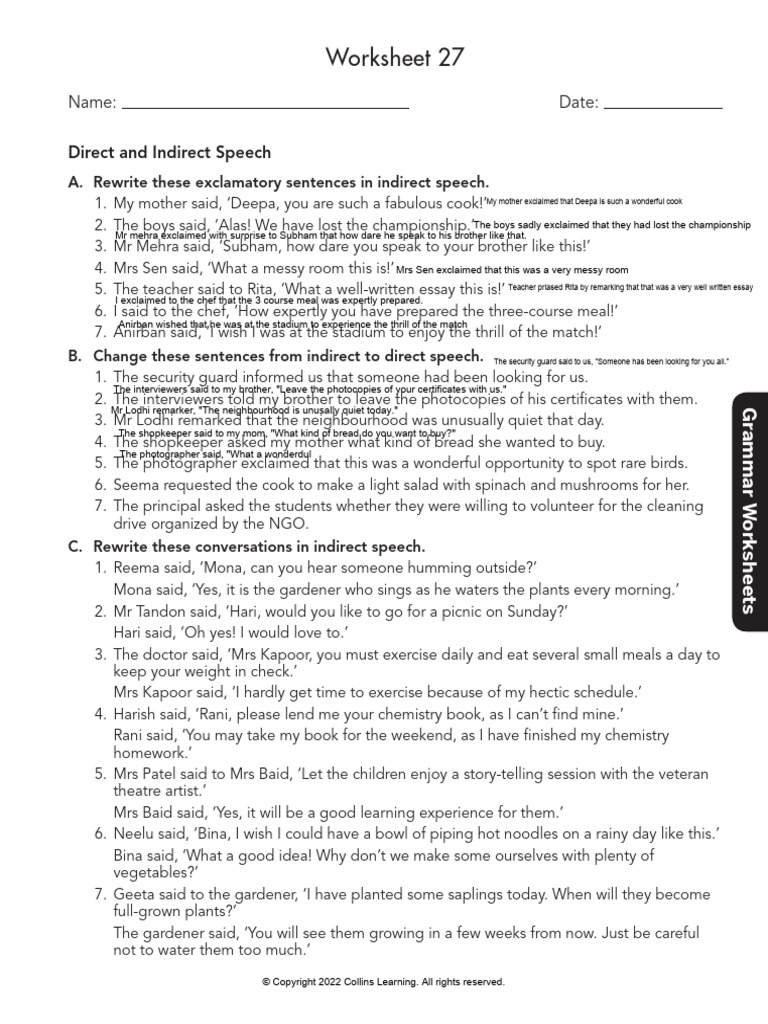 Direct and Indirect Speech Worksheets | PDF