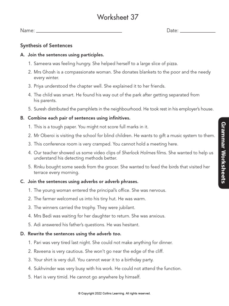 Sentence Synthesis Grammar Worksheet | PDF | Grammar | Syntax