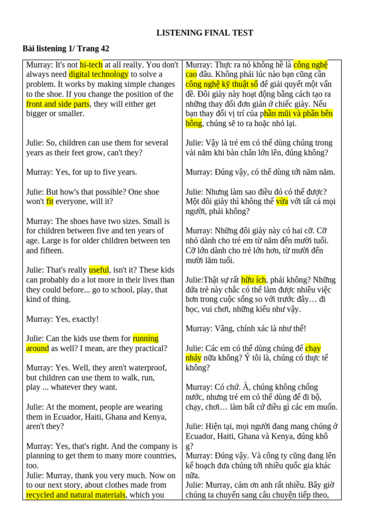 LISTENING FINAL TEST (hk1 Lop 9) | PDF