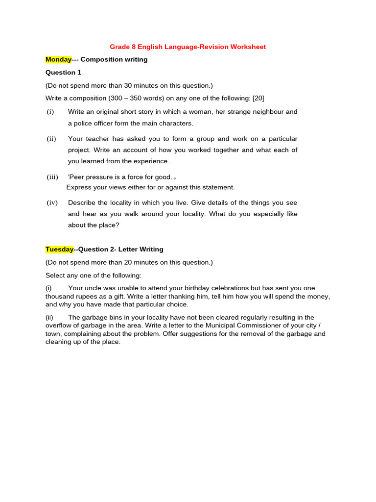 Grade 8 English Revision Worksheet | PDF | Linguistics | Syntax