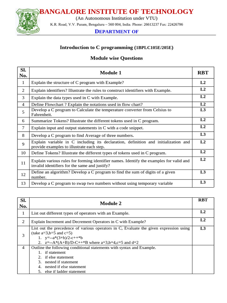 C Programming Module Questions Guide | PDF | Matrix (Mathematics ...
