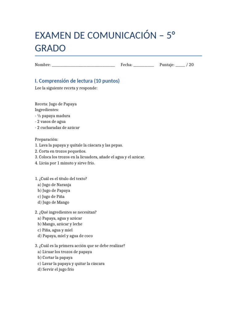 Examen de Comunicación 5° Grado | PDF
