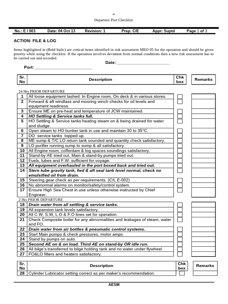 Departure Port Preparation Checklist | PDF | Pump | Fuel Oil