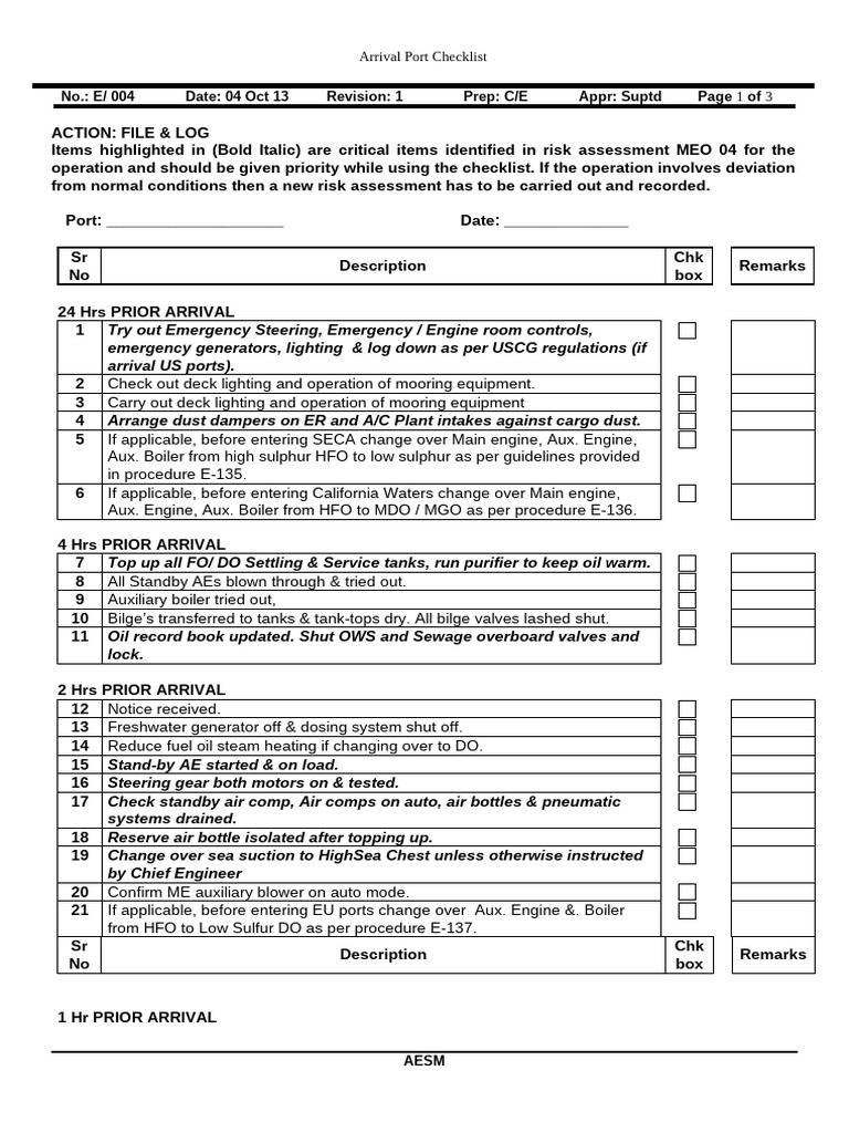 Arrival Port Operations Checklist | PDF | Pump | Fuel Oil
