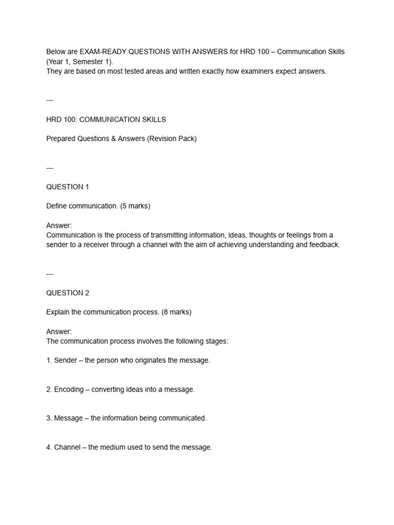 HRD 100 Communication Skills Q&A Guide | PDF | Communication ...
