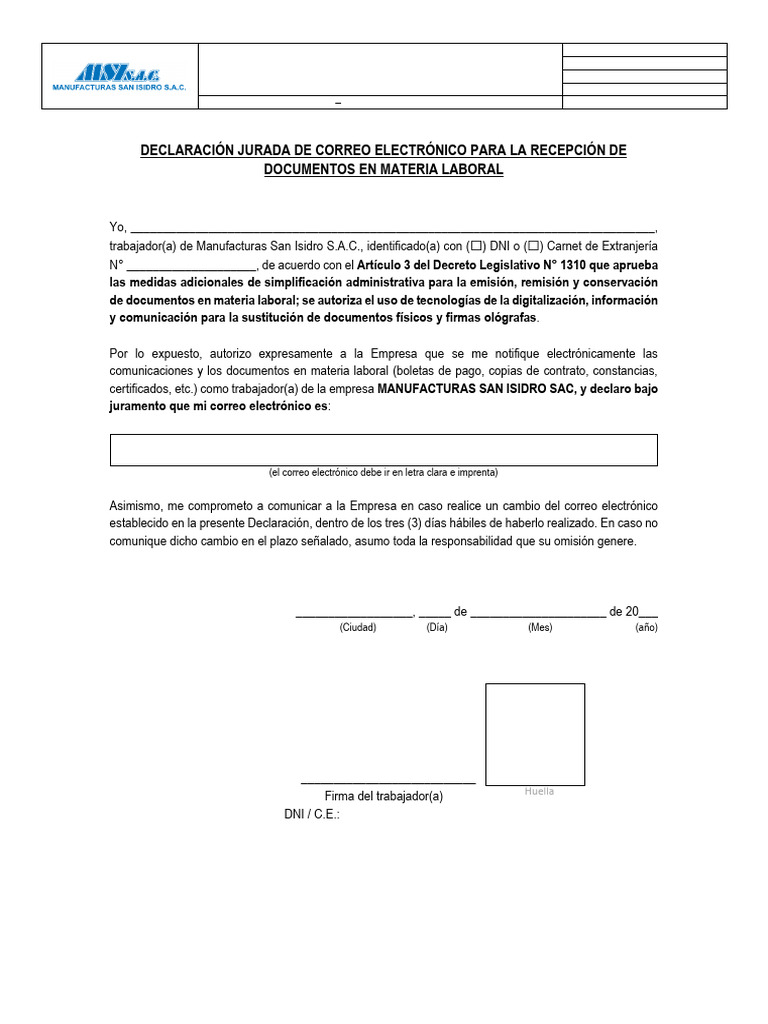 Declaración Jurada de Correo Laboral | PDF