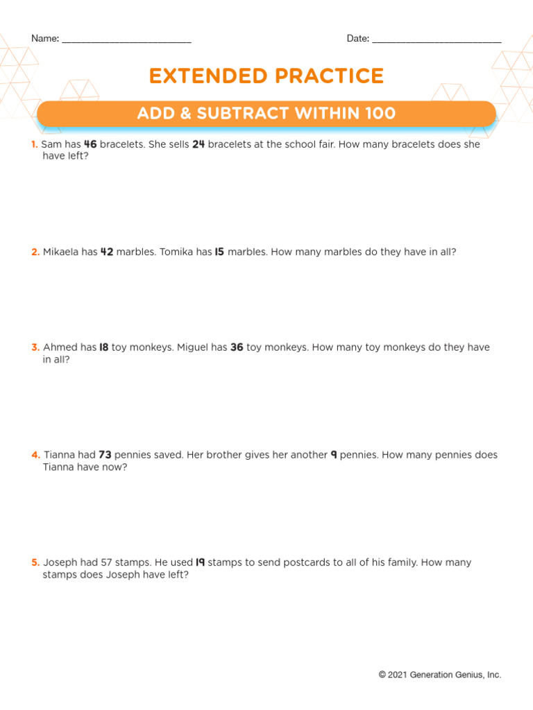 Add & Subtract Within 100 Practice | PDF