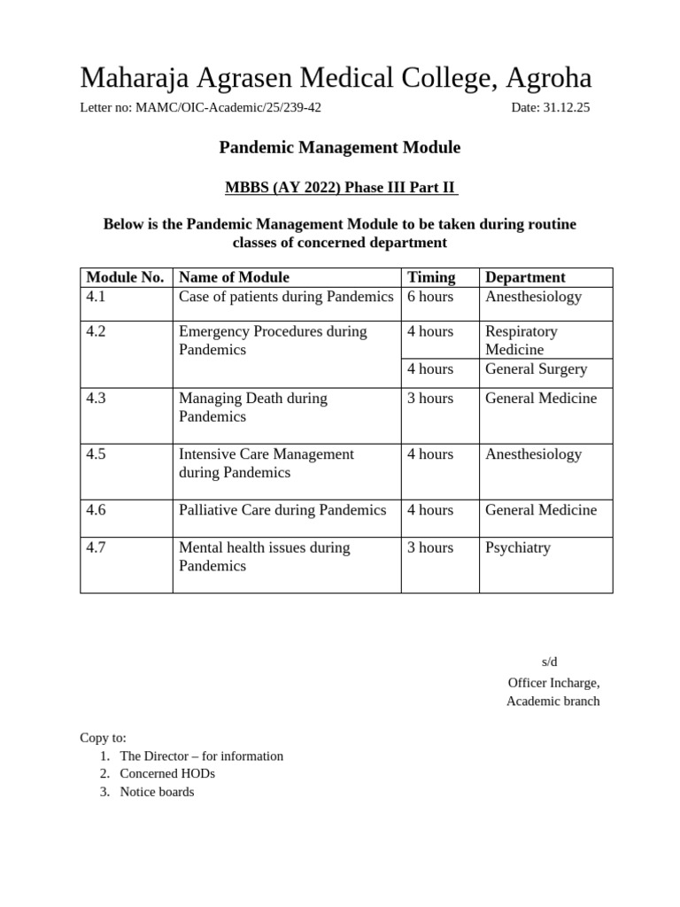 Pandemic Management Module for MBBS Students | PDF