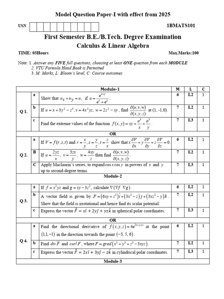 Calculus & Linear Algebra Exam Paper 2025 | PDF | Linear Subspace ...
