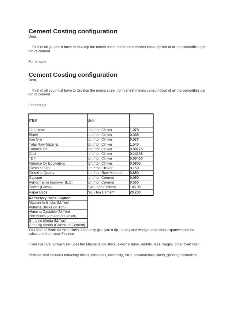 Cement Costing Configuration | PDF
