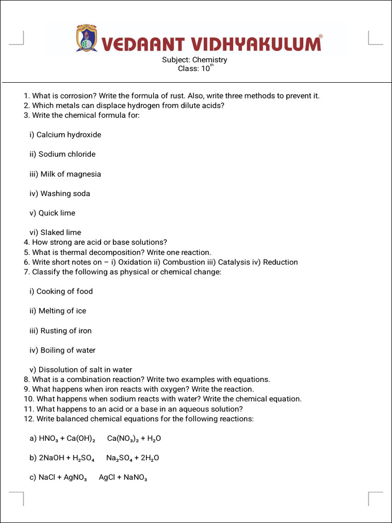 Class 10 Chemistry Sample Paper 2025-26 | PDF | Calcium | Chemical ...