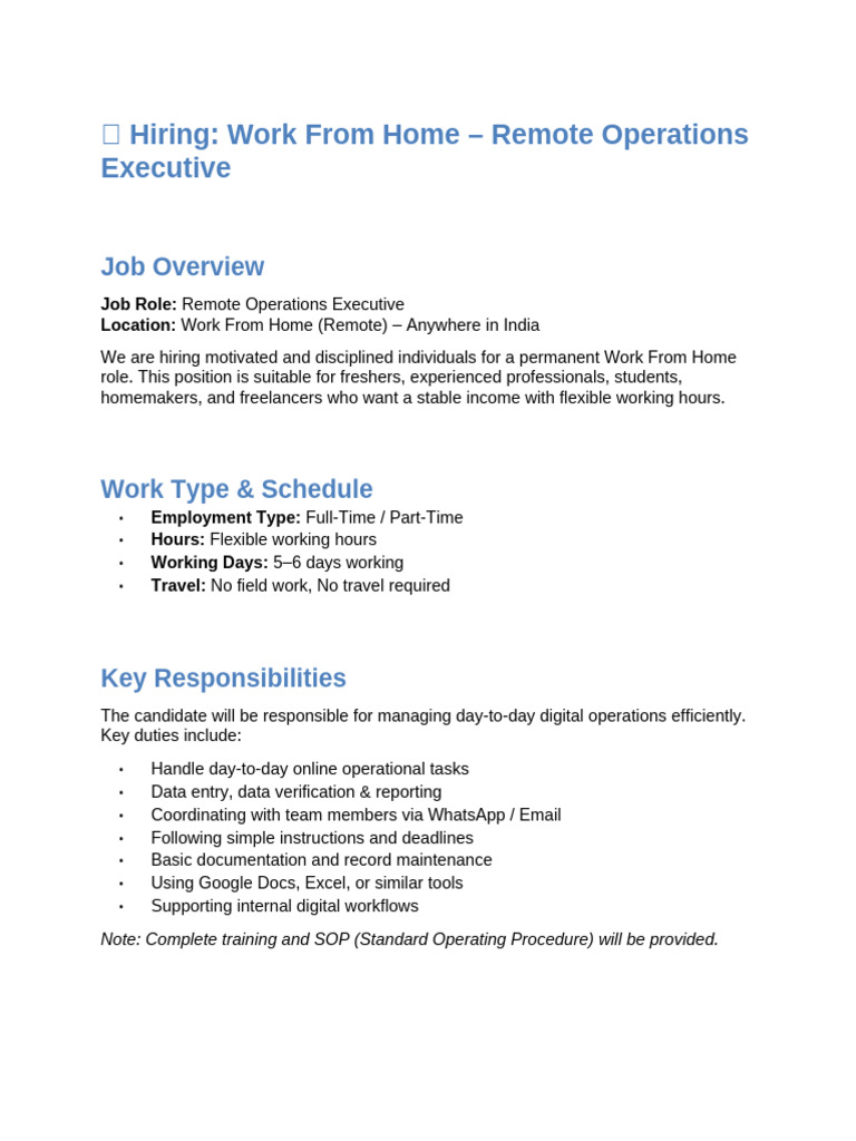Remote Operations Executive Job Opening | PDF