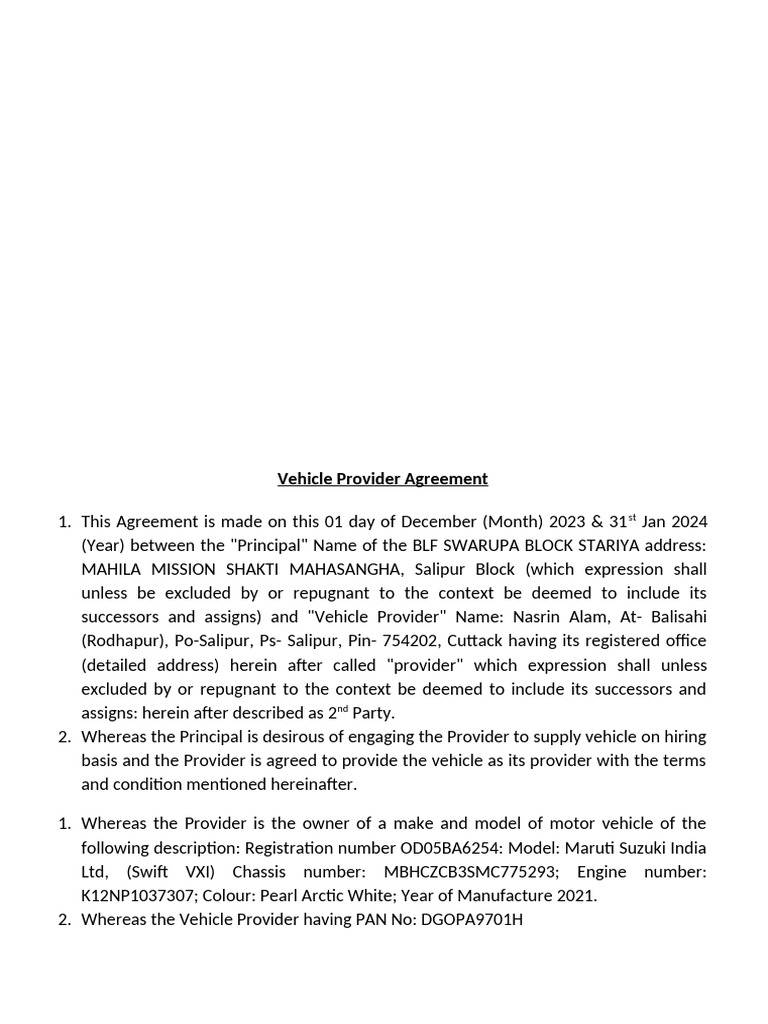 Vehicle Provider Agreement Details | PDF | Battery Charger