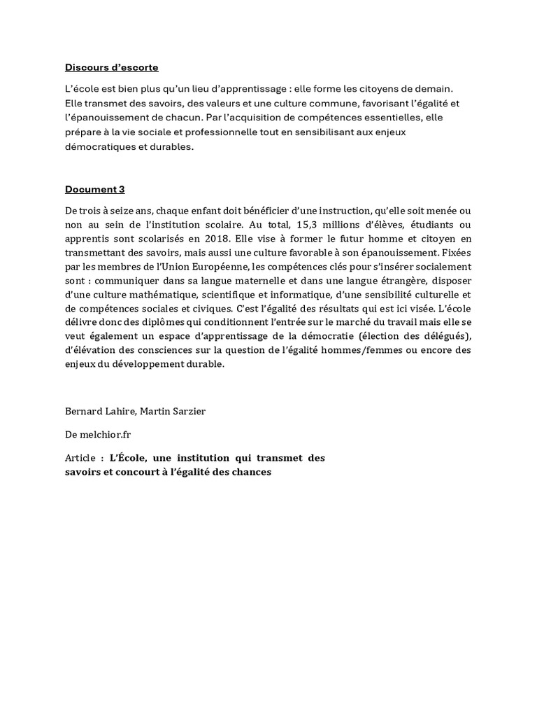 L'École : Savoirs et Égalité des Chances | PDF