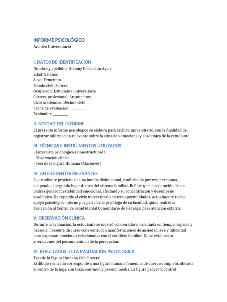 Informe Psicológico de Estudiante Universitaria | PDF | Las emociones ...