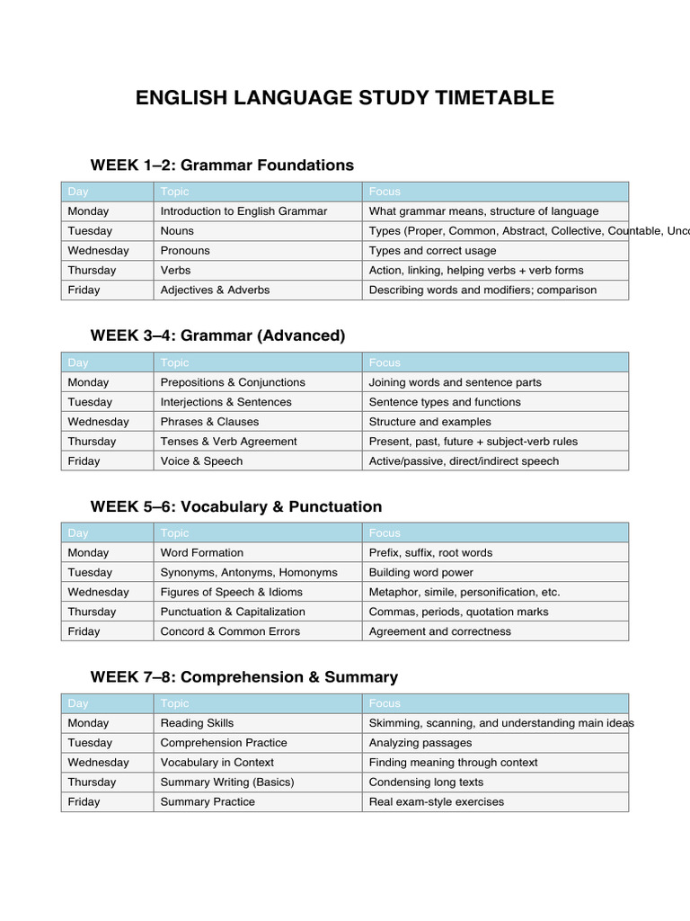 English Language Study Timetable | PDF