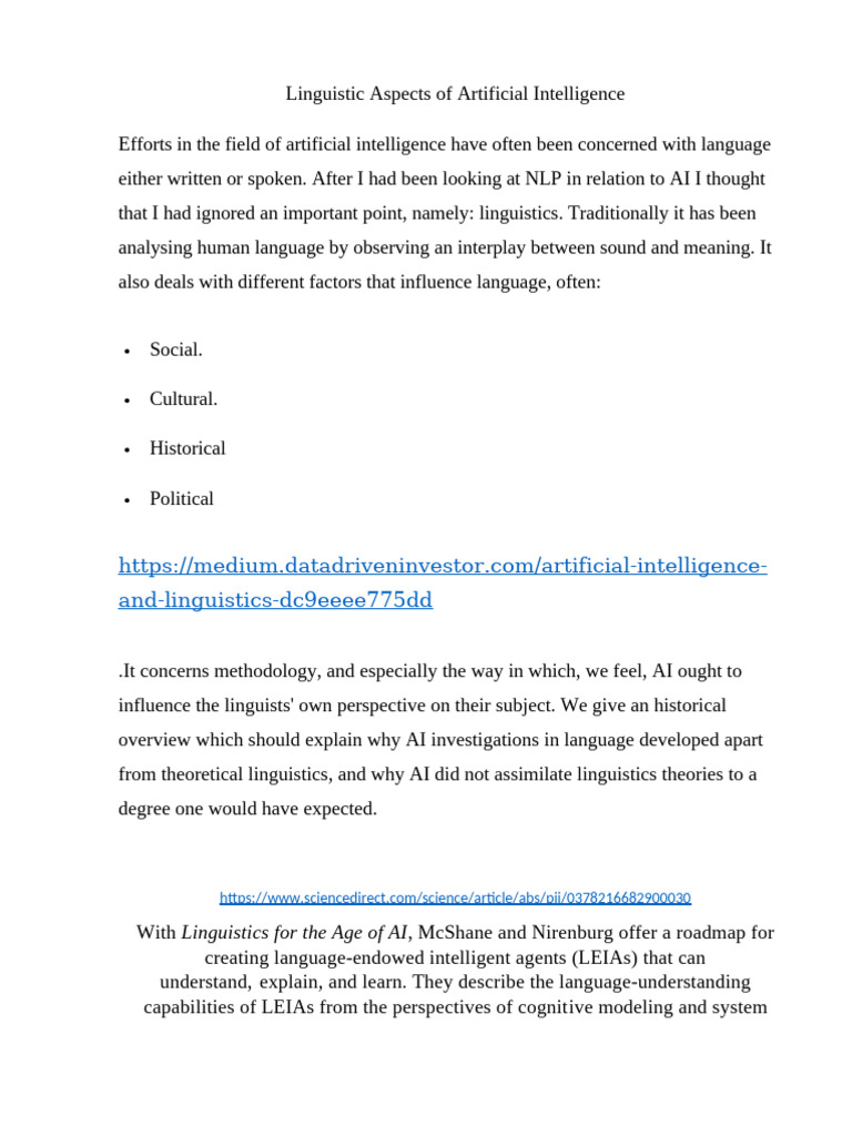 Linguistic Aspects of Artificial Intelligence | PDF